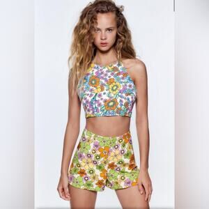 Zara Floral Retro Strappy Backless Crop Top - Size XS